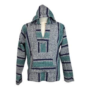 Mexport Unisex XL Mexican Baja Pullover Hoodie Teal Blue Rasta Hippie Sweater